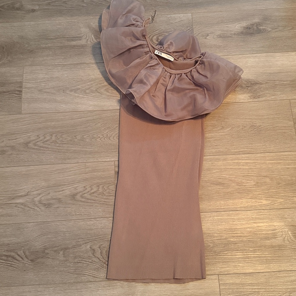 Ruffled Tan one shoulder dress